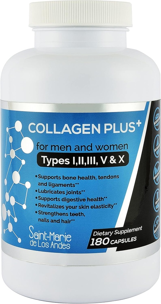Multi Collagen Pills Plus + 180 Capsules (Types I, II, III, V & X) + Abhidrorps (3 Ay Supply) - Non-GMO, Collagen Supplements to Support Hair, Skin, Nails, Joints, & Gut Health