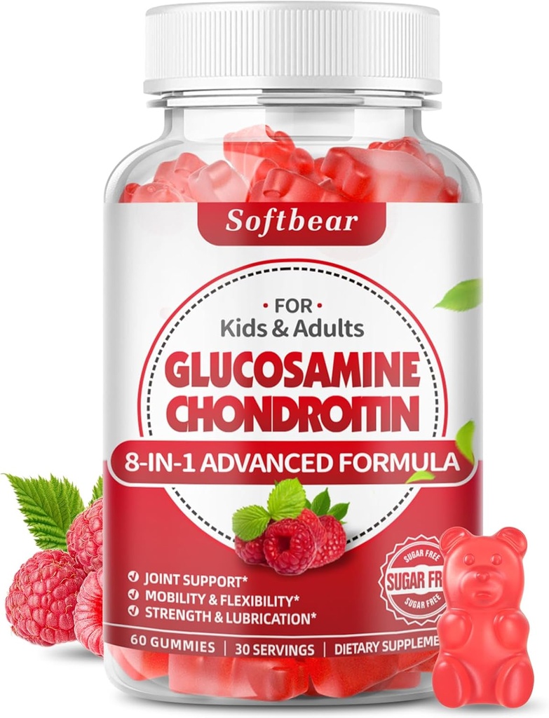 softbear Glucosamine Chondroitin Gummies, Sugar Free Glucosamine Chondroitin MSM Elder Turmeric Supports Joint Health & Antioksi, Raspberry Flavored 60 Kont