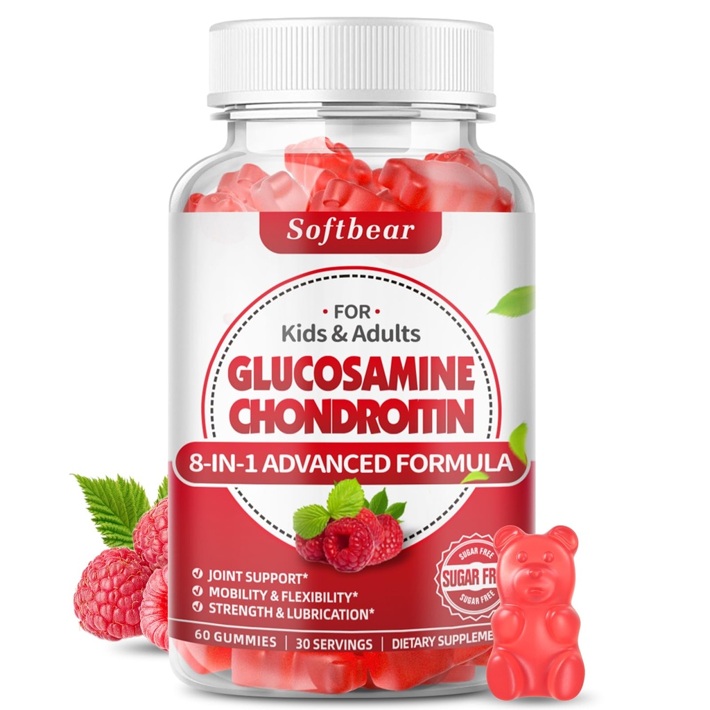 softbear Glucosamine Chondroitin Gummies, Sugar Free Glucosamine Chondroitin MSM Elder Turmeric Supports Joint Health & Antioksi, Raspberry Flavored 60 Kont