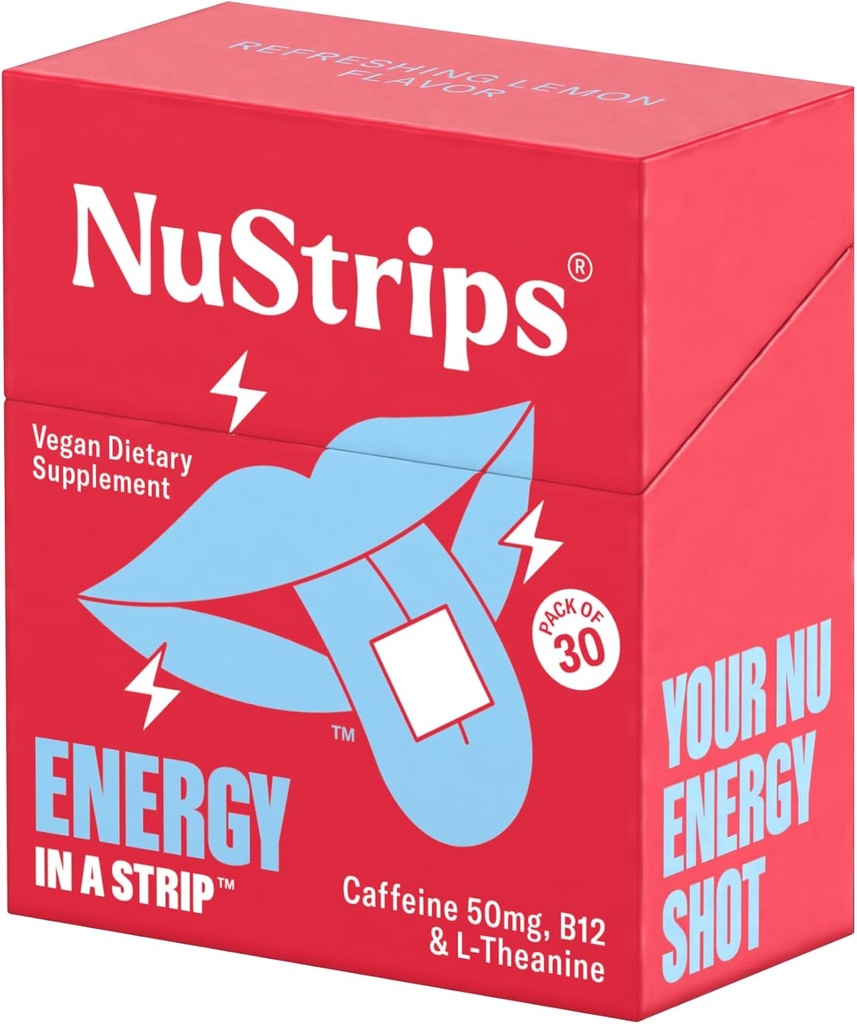 NuStripsTM Ενεργειακές ταινίες ταχείας διάλυσης με 50mg καφεΐνη, L-Θεανίνη και βιταμίνη B12 – Άμεση ενέργεια και εστίαση χωρίς Jitters ή συντριβή – Λειτουργεί ταχύτερα από τον καφέ – Αναψυκτικό λεμόνι – 30 ταινίες