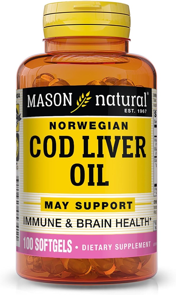 MASON NATURAL Cod Liver Oil Plus Vitamin A & D3 - Sağlıklı Kalp ve Beyin Fonksiyonları, Immunity, Supports General Health, 100 Softgels