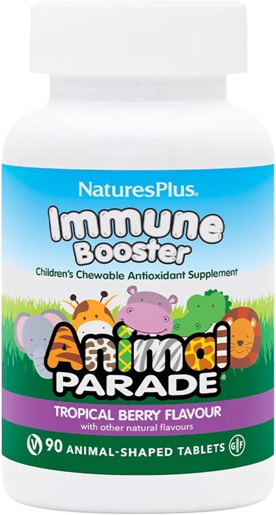 Natures Plus Anumal Parade Immune Booster - Tropical Berry Flavor - 90 Animal-Shaped Chewable Tablets - Παρέχει υποστήριξη ανοσοποιητικού συστήματος - Χωρίς γλουτένη, Vegan - 45 εξυπηρετήσεις