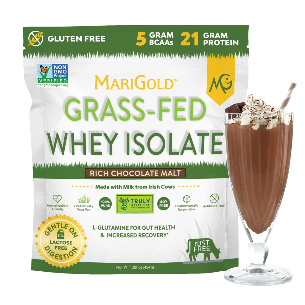 MariGold Grass-fed Whey proteini Isolate Toz - Rich Chocolate Malt Flavor - 1 Lb | 100% Pure, Cold-Processed, Micro-Filtered, Undenatured, Non-GMO, rBGH Free, Soy Free, Gluten Free, Lactose Free