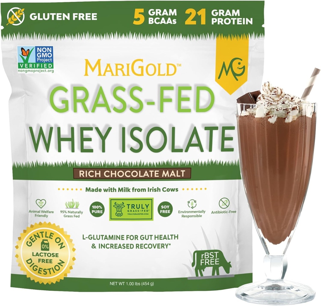 MariGold Grass-fed Whey proteini Isolate Toz - Rich Chocolate Malt Flavor - 1 Lb | 100% Pure, Cold-Processed, Micro-Filtered, Undenatured, Non-GMO, rBGH Free, Soy Free, Gluten Free, Lactose Free