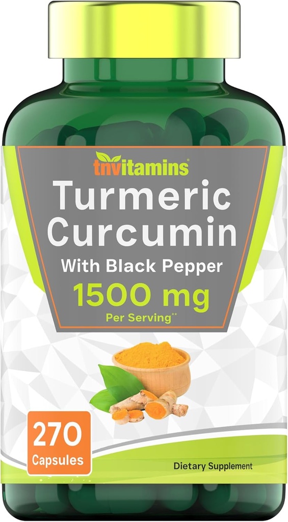 tnvitamins Turmeric Curcumin Capsules with Black Pepper | 1500 MG - 270 Capsules | Bulk Size - 3 Month Supply! | Golden Turmeric Curcumin Supplement with Black Pepper | Non-GMO | Produced in The USA