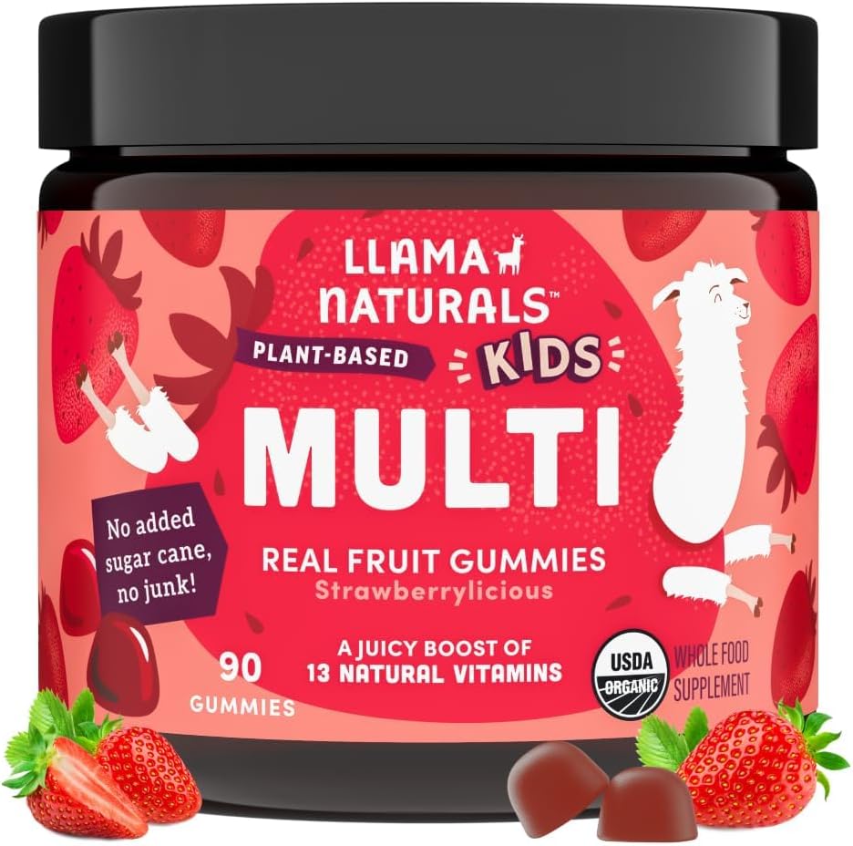 Llama Naturals Kids Multivitamin Gummies, Vegan, Vitamin D, C & K, Toddler Real Fruit Gummy Vitamins, Chewable Supplement, Whole Food Multivitamin, No added Sugar Cane, Strawberry, 90 Ct