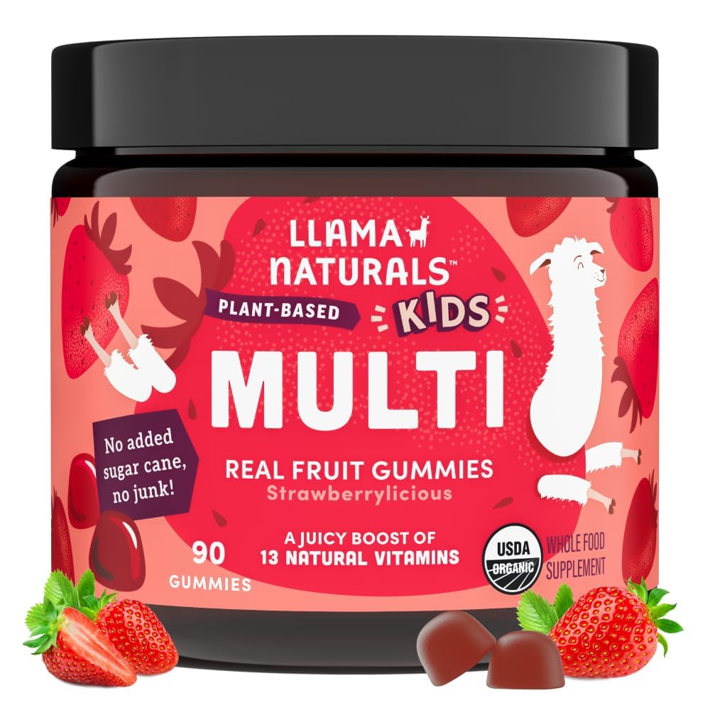 Llama Naturals Kids Multivitamin Gummies, Vegan, Vitamin D, C & K, Toddler Real Fruit Gummy Vitamins, Chewable Supplement, Whole Food Multivitamin, No added Sugar Cane, Strawberry, 90 Ct
