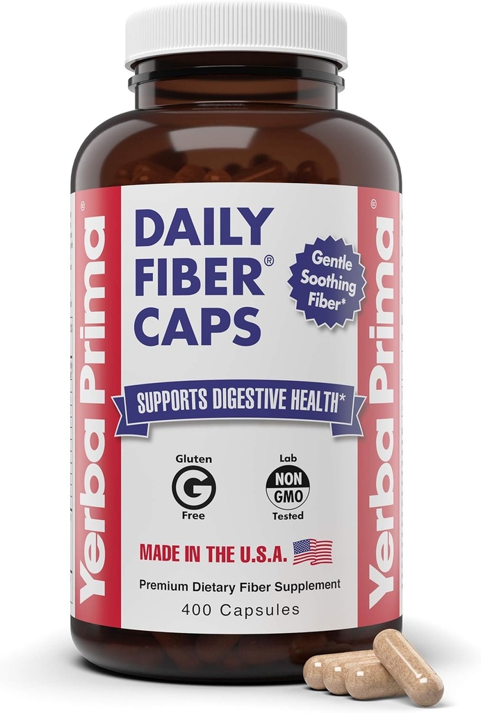 Yerba Prima Daily Fiber Caps Formula, 400 Caps - Διαλυτά και αδιάλυτα - με το Psyllium Seed Husks, Acacia Gum, Apple Fiber και More - Συμπλήρωμα διατροφής