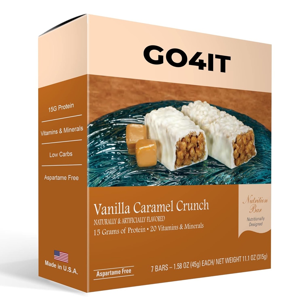 GO4IT Health Meal Replacement Bar, High Protein Nutrition Bar, High Fiber, Low Calories, KETO friendly, On-the-go, Weight Loss Food Bar, 7/Box - (Vanilla Caramel Crunch)