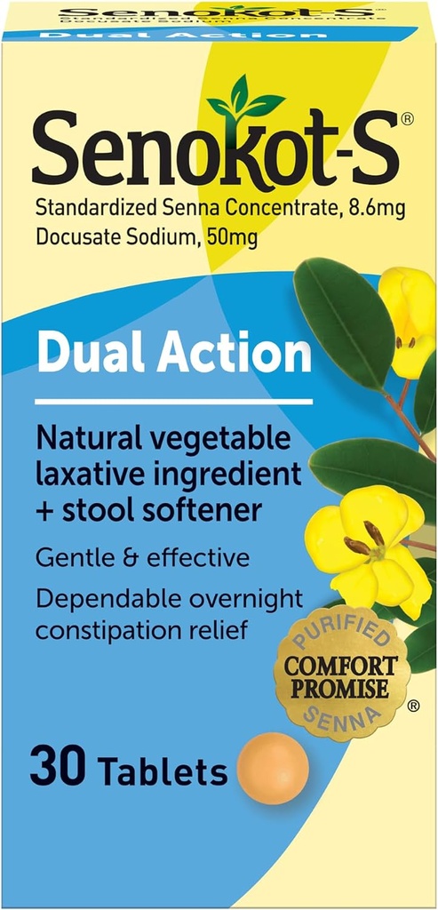 Senokot-S Dual Action Natural Sebze Laxative Materials Plus Stool Softener Tabletler, Docusate sodyum, Senna Temp, Gentle, Overnight Relief From Occasional Constipation, 30 ctt