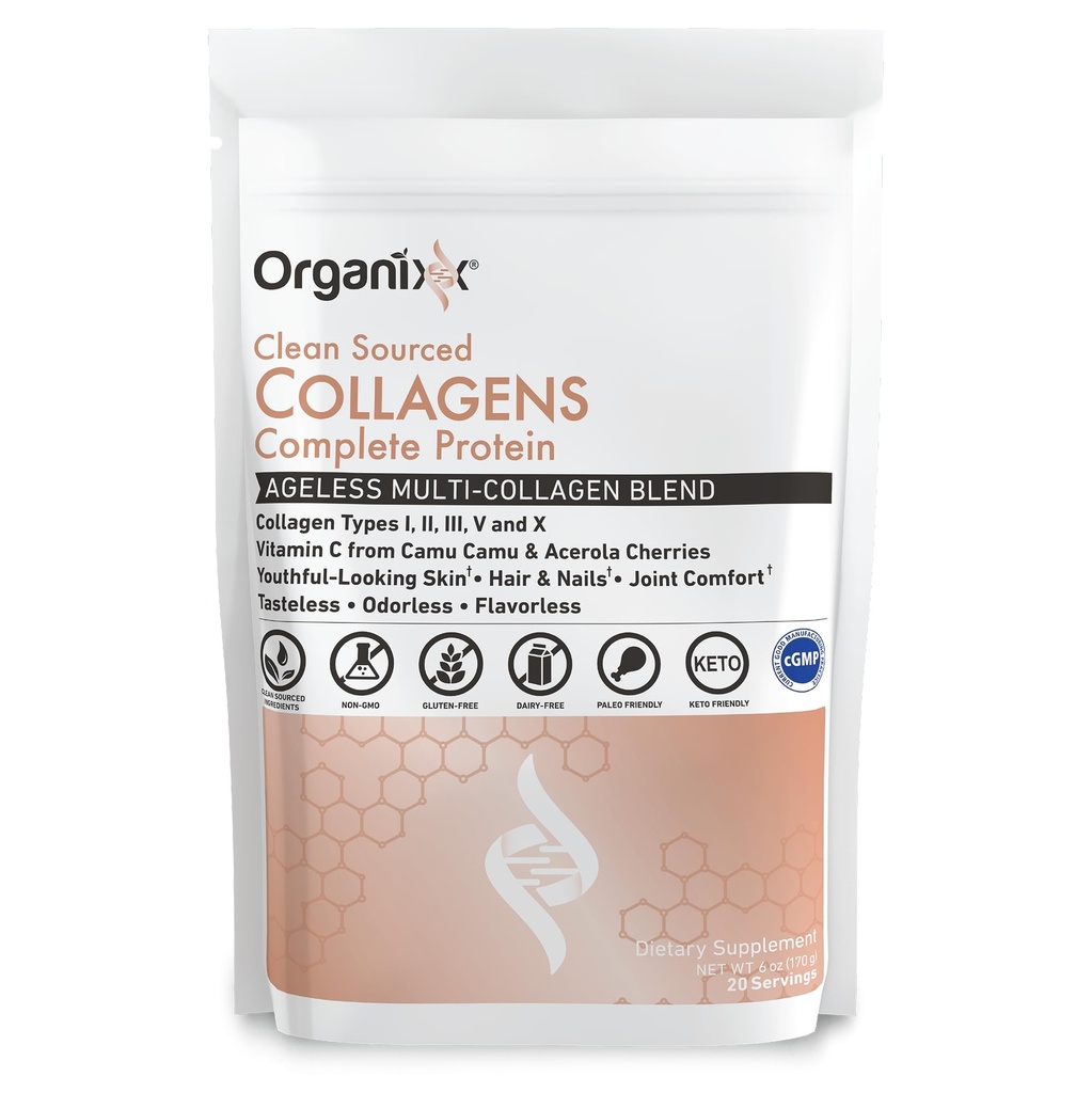 Organixx Collagen Peptides Toz C vitamini ile, Tip I, II, III, V, X Hydrolyzed Collagen, Hair, Nail, Skin, Bone & Joint Health, Aging Support, Clean Sourced, Gluten Free, Unflavored, 20 Hizmet