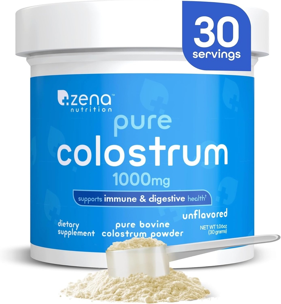 Zena Διατροφή Βοοειδή Colostrum συμπλήρωμα σκόνης, 1000mg Pure Colostrum, Υποστηρίζει ανοσοποιητική και επιληπτική υγεία, προωθεί την υγεία των ορνίθων, Keto, χωρίς γλουτένη, λίπος δωρεάν, χόρτο Fed, χωρίς γεύση, 30 υπηρεσίες