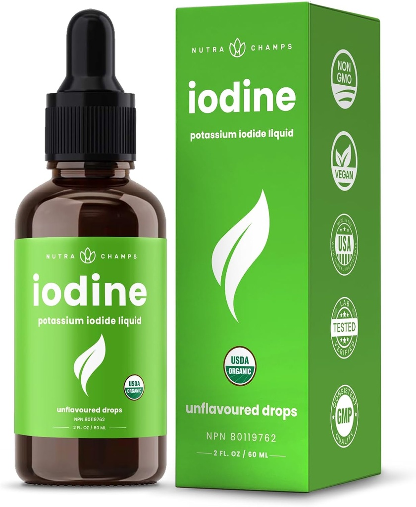 Organik Iodine Liquid Drops - 250 mcg Iodine Supplement for Women & Men - P Properties Iodide Çözümü 250 mcg - 590 Hizmet - Tiroid, Hormon & Metabolic Desteği - Non-GMO, Vegan NPN 80119762