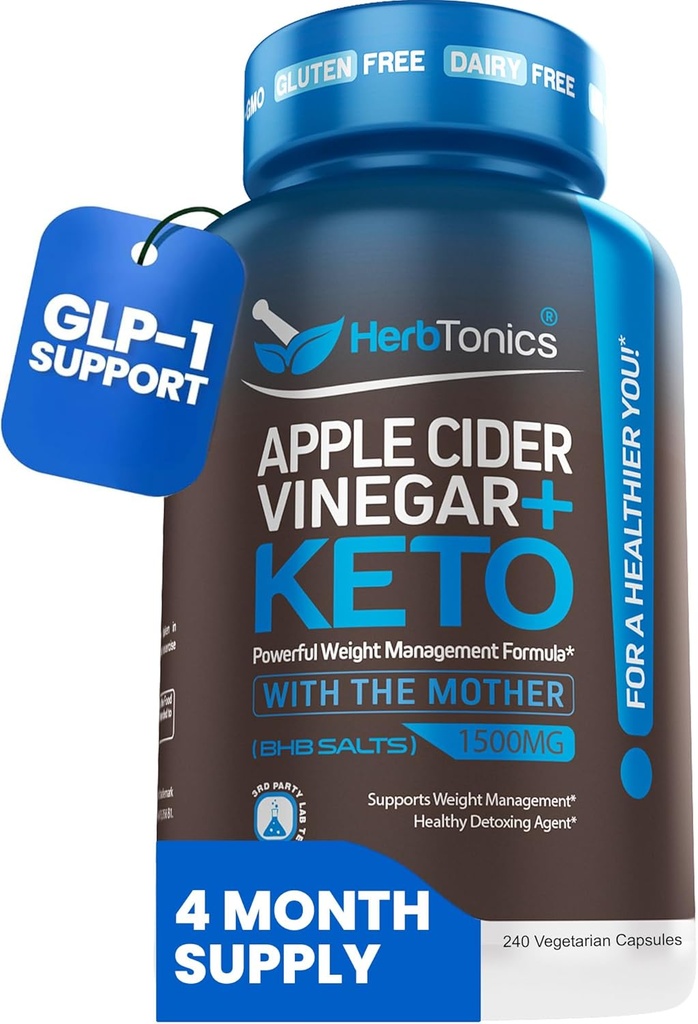 Herbtonics Apple Cider Vinegar ile Keto BHB Salts - GLP-1 Metabolism ve Appetite Control için Supplement, 240 Capsules.