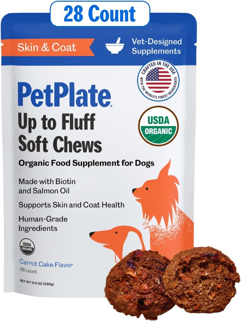 PetPlate Up to Fluff Soft Chews for Dogs, Skin & Coat Support, USDA Organik Supplement, T-Free, Human-Grade, Salmon Oil and Biotin, Pet Materials (Pack of 1, 9.8 Ounce)