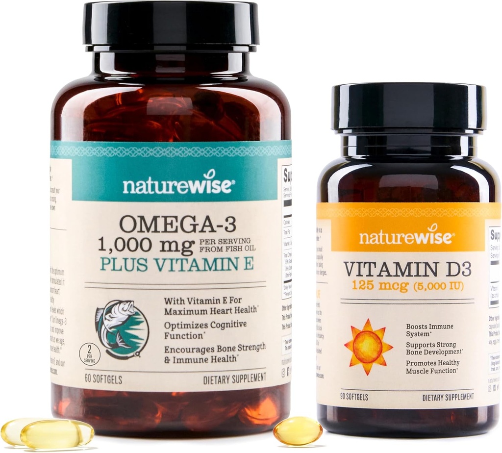 NatureWise High-Potency 1000 mg Omega 3 ile 600 mg EPA, 400 mg DHA, & Vitamin E & Vitamin D3 5000iu (125 mcg) Sağlıklı Kas Fonksiyonlu ve Immune Support