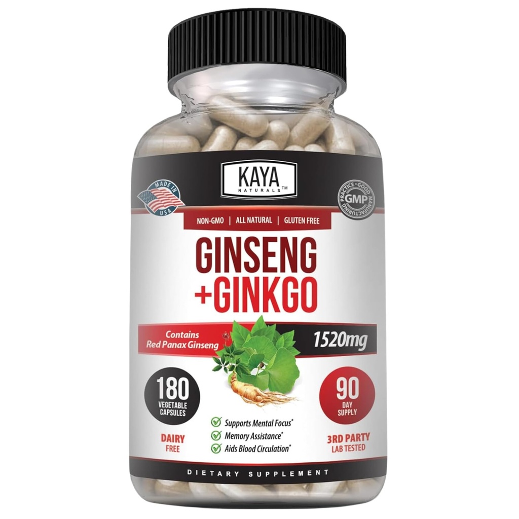 Kaya Naturals Red Panax Ginseng + Ginkgo Biloba - Nootropic Brain Supplement - Γνωστική και Συγκεντρωτική Υποστήριξη - Εγκέφαλος Booster, Εστίαση, και Memory Supplement - 180 Κάψουλες