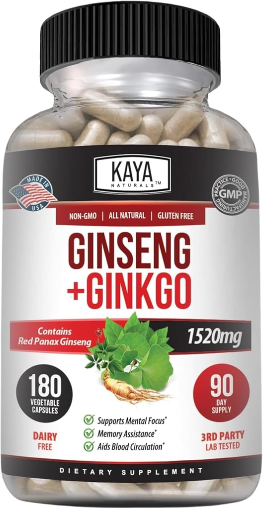 Kaya Naturals Red Panax Ginseng + Ginkgo Biloba - Nootropic Brain Supplement - Bilal ve Concentration Support - Beyin ATM, Focus ve Memory Supplement - 180 Capsules