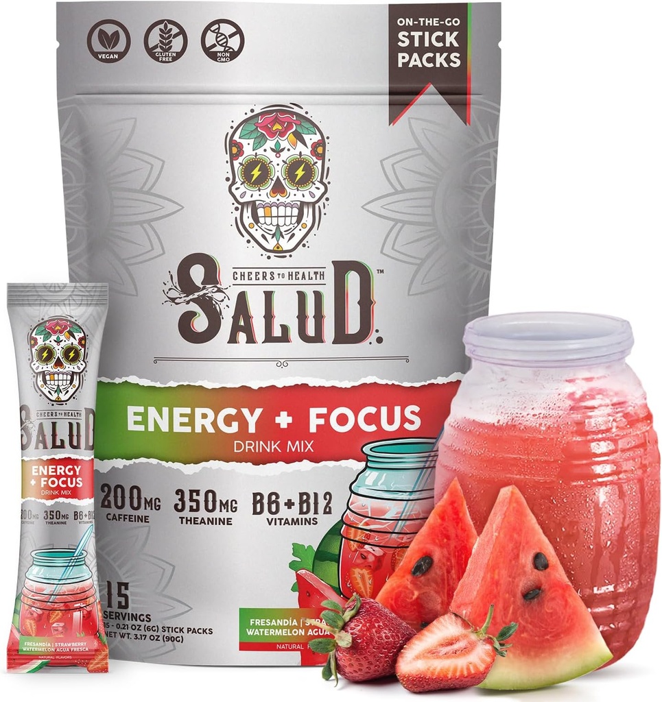 Salud 2in-1 Energy Drink Toz + Focus, Strawberry Watermelon, Organik Caffeine, B6 + B12, Theanine, Clean Energy Drink Packets, Fresandia Agua Fresca Mix, Non-GMO, Gluten Free, Vegan, 1g of Sugar, (15 hizmet)