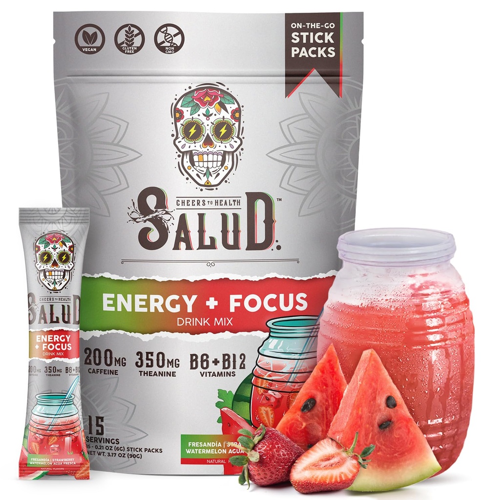 Salud 2in-1 Energy Drink Toz + Focus, Strawberry Watermelon, Organik Caffeine, B6 + B12, Theanine, Clean Energy Drink Packets, Fresandia Agua Fresca Mix, Non-GMO, Gluten Free, Vegan, 1g of Sugar, (15 hizmet)