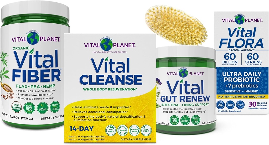 Vital Planet - Σετ εσωτερικού καθαρισμού ολόκληρου του σώματος με Vital Cleanse 14-Day 2-Part Program, Vital Fiber, Vital Gut Renew, και Vital Flora Probiotics με Πρεβιοτικά, 4 Προϊόντα-σε-Ένα