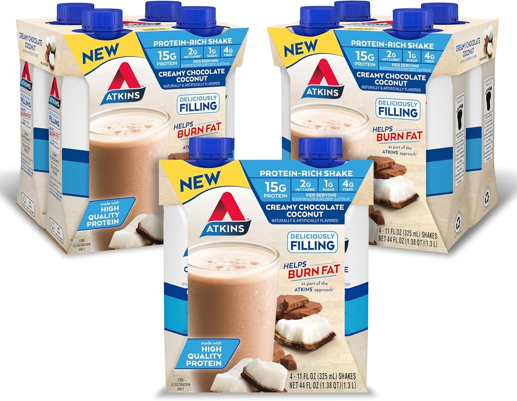 Atkins Creamy Chocolate Coconut Protein Shake, 15g protein, 2g Net Carbs, 1g Sugar, Keto Friendly, 12 Count