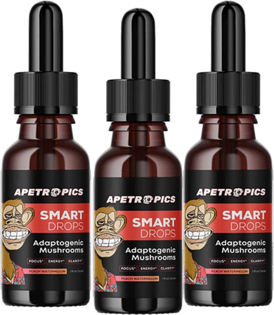 Apetropics Smart Drops - 5-in-One Adaptojenik Mushroom Tincture with Lion's Mane, Cordyceps, Türkiye Tail, Chaga, Reishi - Nootropic Brain Supplement - Peach Watermelon Flavor, 30-Servings (3 Pack)