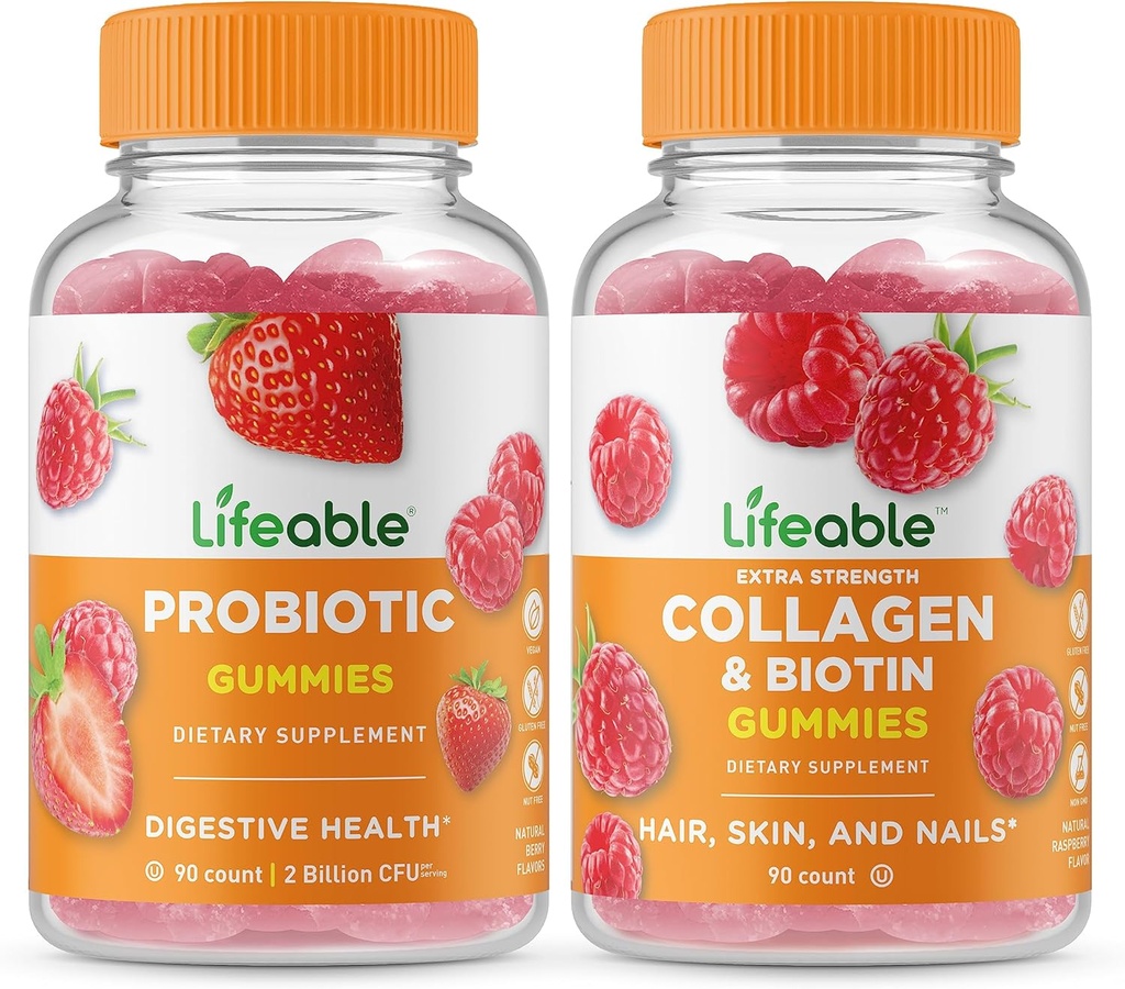 Ζωηρό Probiotic 2 Δισεκατομμύρια CFU + κολλαγόνο & βιοτίνη, Gummies Bundle - Μεγάλη γεύση, συμπλήρωμα βιταμινών, χωρίς γλουτένη, GMO δωρεάν, μασώμενη κοιλιά