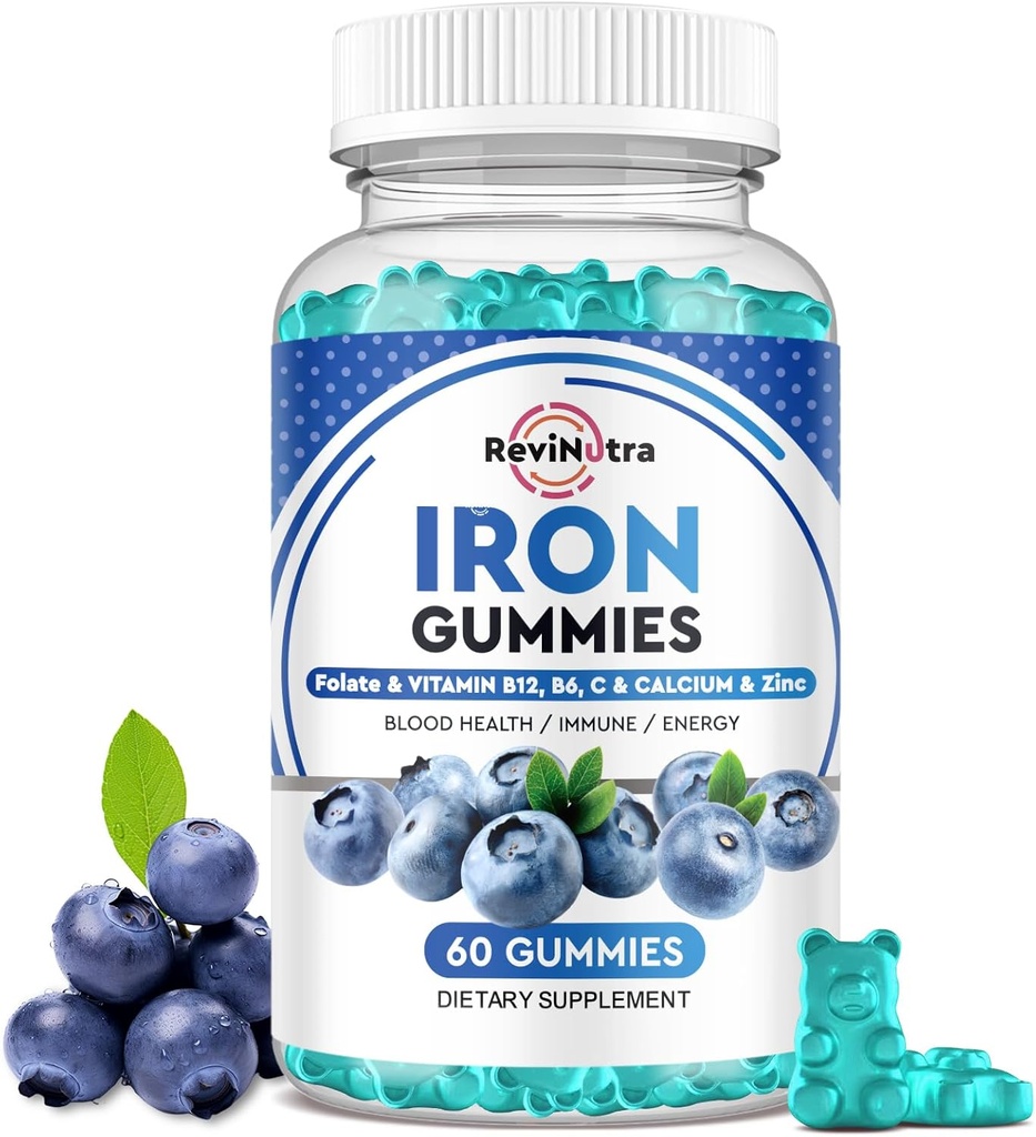 İronik Gummies -bao, çinko, Folate & Vitamin B12, C,B6 Yetişkinler ve Çocuklar için - Kan Builder & Enerji Desteği, Biremi, Vegan - Blueberry Flavor, 60 Gummies