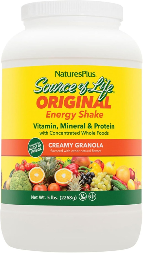 NaturesPlus πηγή ενέργειας ζωής Shake - 5 lbs, χορτοφαγικό μείγμα ποτών - Granola Γεύση - Multivitamin, Mineral & Protein Powder - Ολόκληρη αντικατάσταση γεύματος τροφίμων - μη-GMO, χωρίς γλουτένη - 58 Σερβιέτες