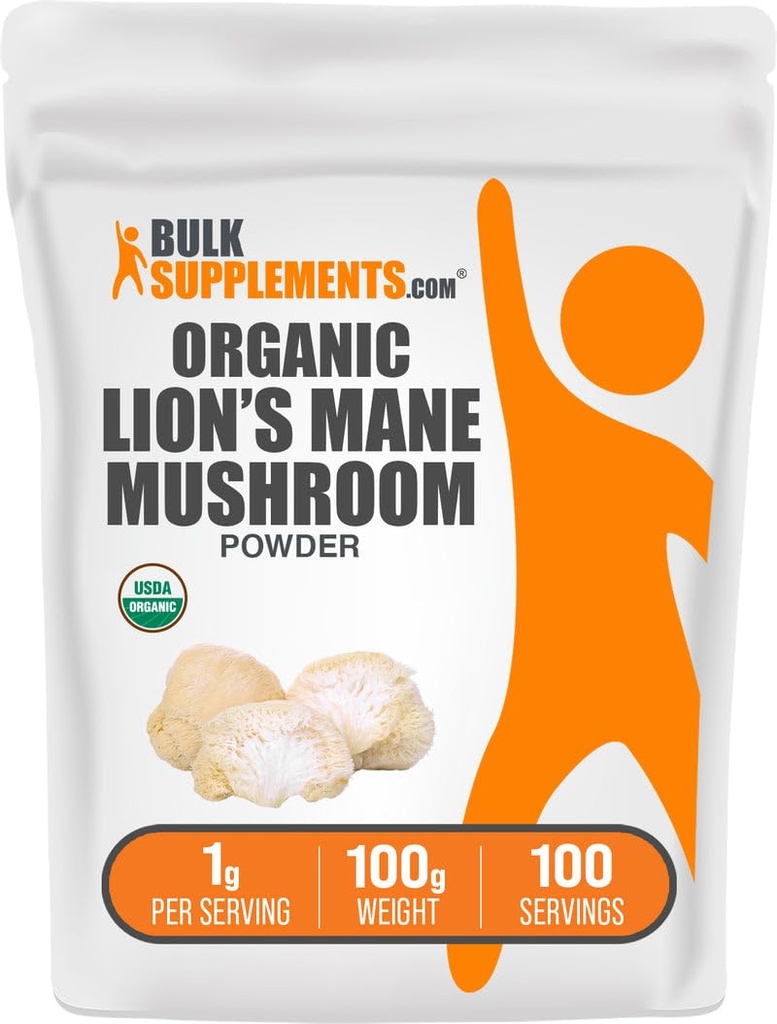 BulkSupplements.com Βιολογικά Λιοντάρια Mane Mushroom Powder - Lions Mane Powder, Mushroom Supplement - Vegan & Gluten Free, 1g ανά Σερβίρισμα, 100g (3.5 oz) (Pack of 1)