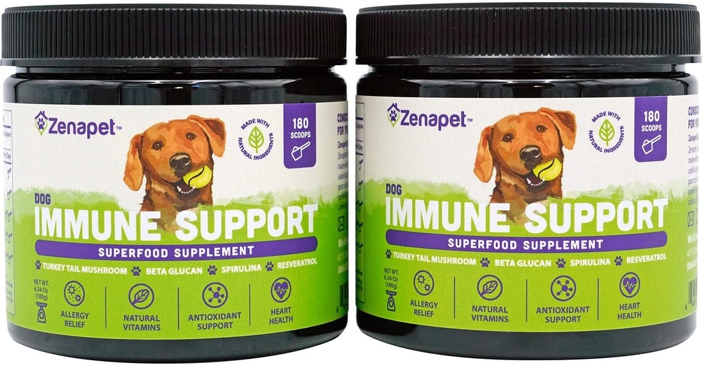 ZENAPET Dog Immune Support Premium Powder Topper, Turkey Tail, Spirulina & Beta-Glucan, Υποστηρίζει ένα υγιές ανοσοποιητικό σύστημα & Digetion, Human-Grade, Made in USA