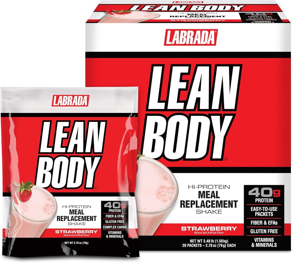 Labrada Lean Body MRP All-In-One Strawberry Mealchange Shake, 40g Protein, Whey Mix, 8g Health Fats EFA's & Fiber, 22 Vitamins ve Minerals , No yapay renk, Gluten Free, (20 Packets)