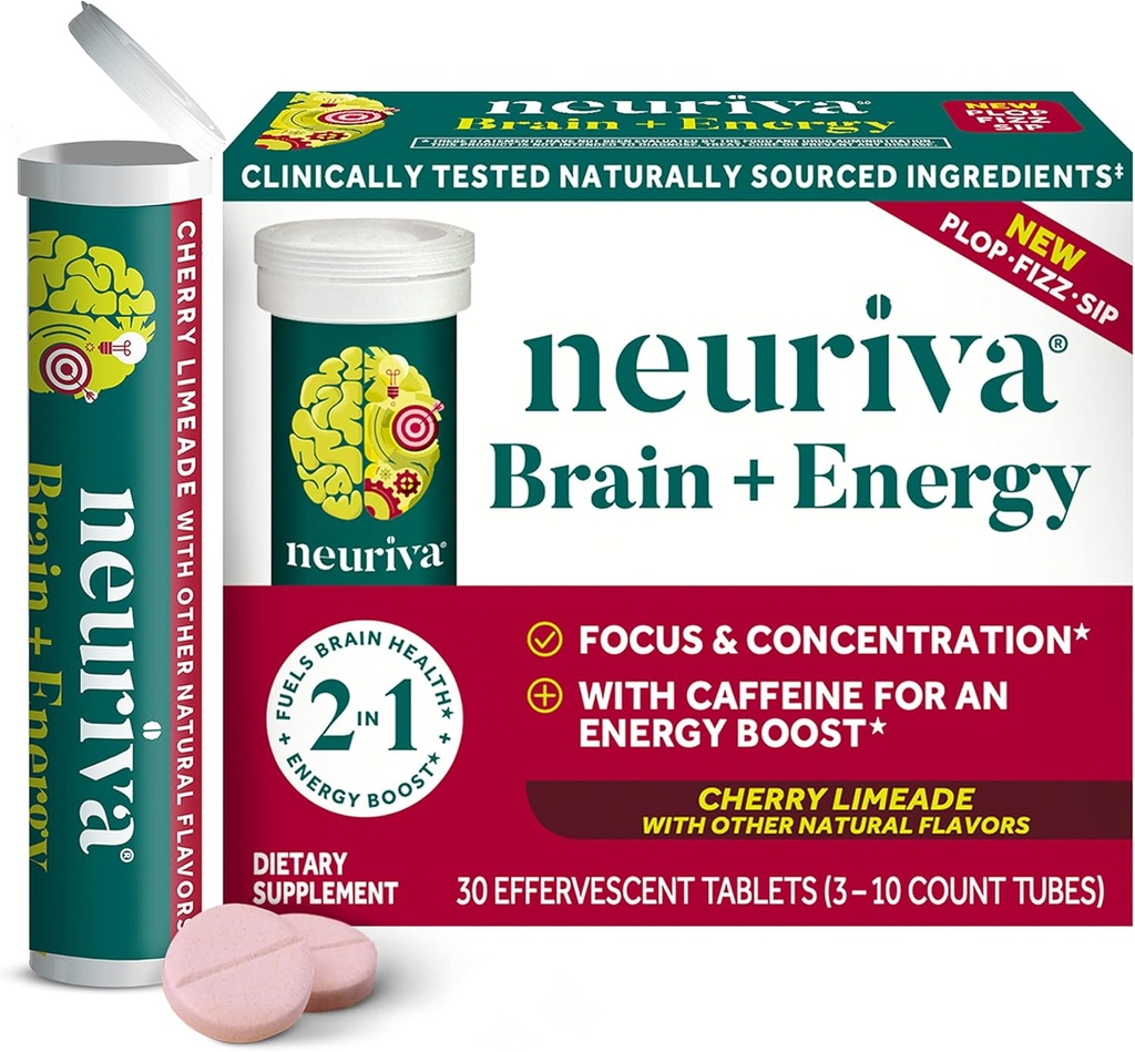 NEURIVA Beyin + Enerji Focus & Concentration için Klinik Olarak Test Edilmiş Sinir Faktörleri, B12 Vitamini ve Caffeine For An Immediate Energy Boost, 30ct Cherry Limeade Effervescent Tabletler