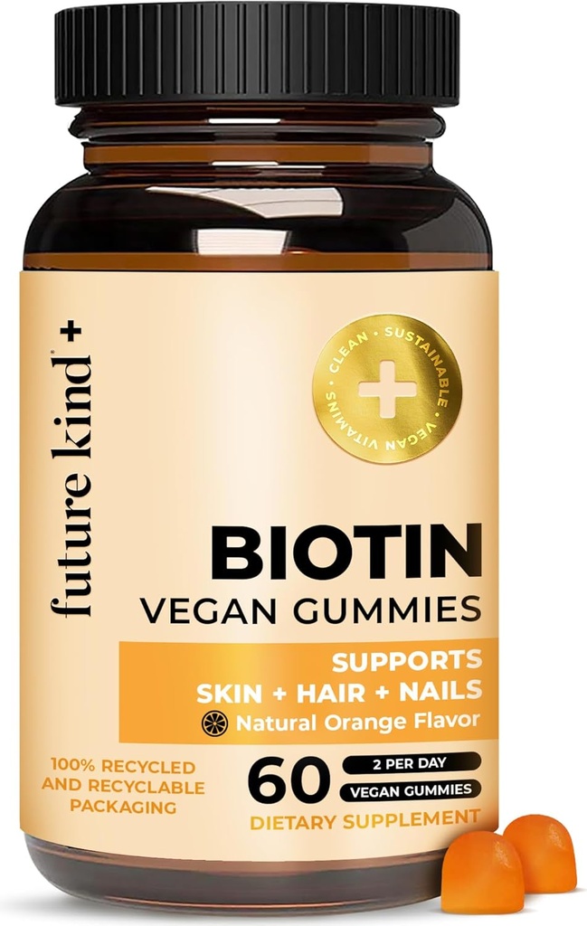 Future Kind Vegan Biotin Gummies (60ct) - VIT A, C, & E - Vegan Hair Skin ve Nails for Women & Men - Orange Flavored Biotin Saç Büyümesi Vitaminleri