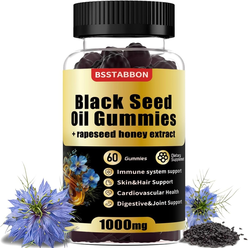 Μαύρο έλαιο σπόρων Gummies με 1000mg οργανικό έλαιο μαύρου σπόρου, 25mg εκχύλισμα κραμβόσπορου, Βιταμίνη Β6,Β12 και ψευδάργυρο για την υποστήριξη ανοσοποιητικού συστήματος (60 Gummies) (60 Count)