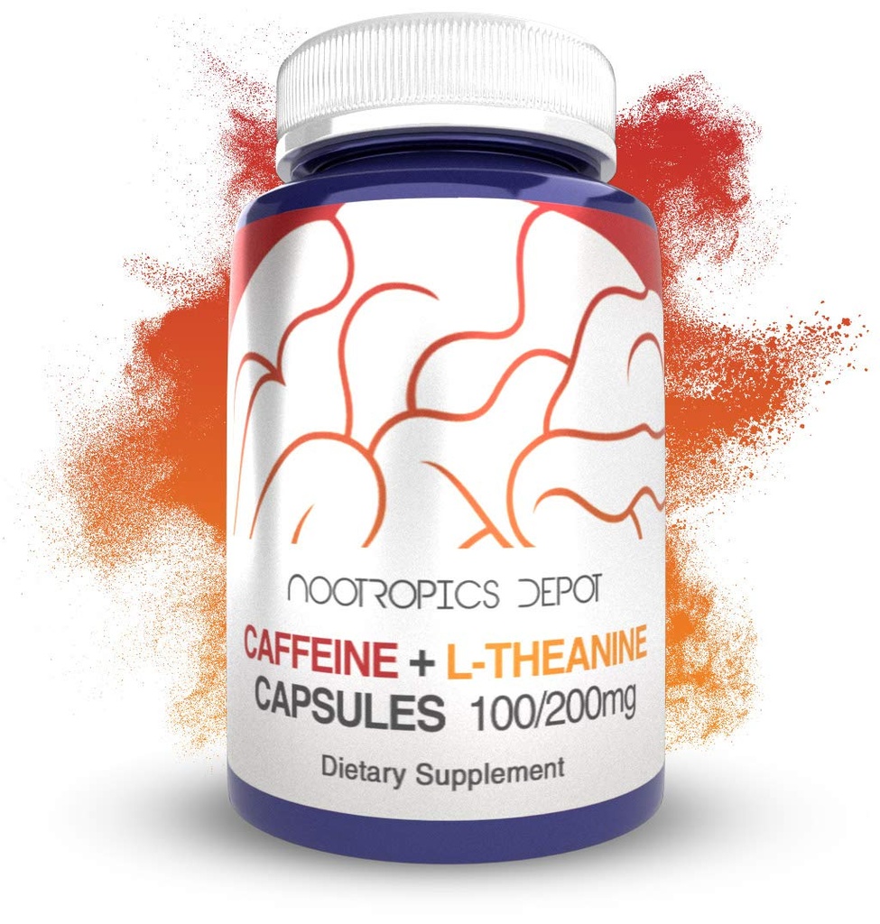 Nootropics Depot Caffeine ve L-Theanine Capsules | 60 Pills | Contains 100 mg of Caffeine and 200 mg of L-Theanine | Natural Supplement | Energy Alert | mental Focus + Alertness | Kahve Alternatifleri |