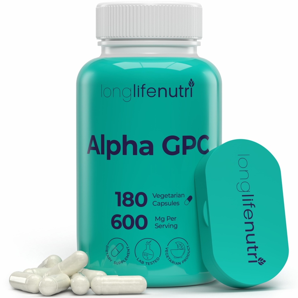 Alpha GPC Choline Supplement 600 mg - 180 Vejetaryen Capsules, Daily Energy için Yüksek Saf Nootropic, 3Month Supply, Acetylcholine Source for Cognitive & mental Clarity, GMP sertifikalı, ABD'de Yapıldı