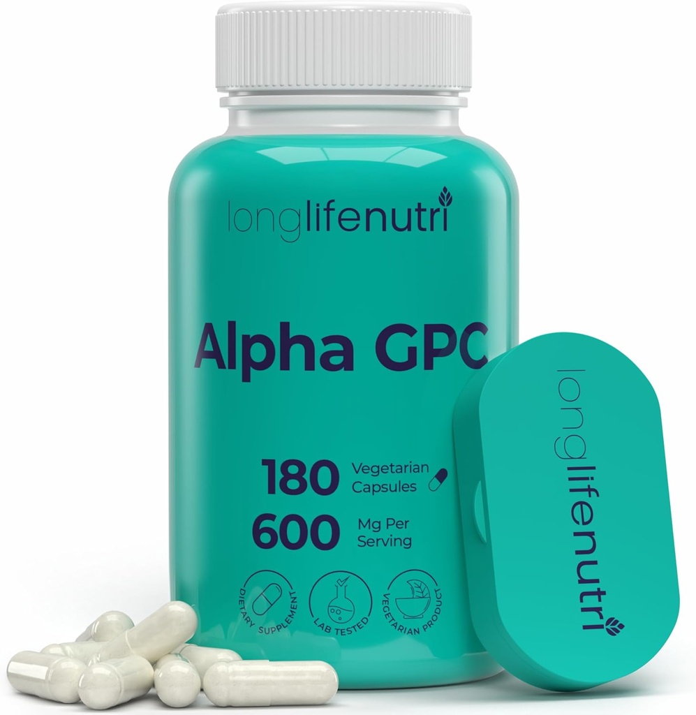 Alpha GPC Choline Supplement 600 mg - 180 Vejetaryen Capsules, Daily Energy için Yüksek Saf Nootropic, 3Month Supply, Acetylcholine Source for Cognitive & mental Clarity, GMP sertifikalı, ABD'de Yapıldı