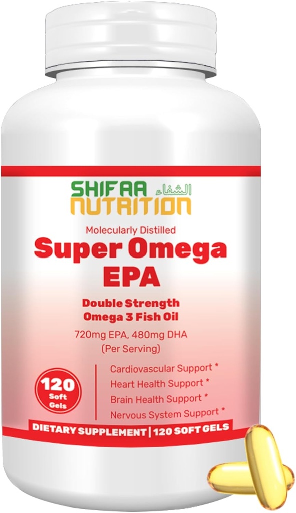 SHIFAA Helal Fish Oil Softgels 120 Ct, Double Strength - Halal Omega 3 Fish Oil Supplements. Vahşi Caught, Non-GMO & Purified