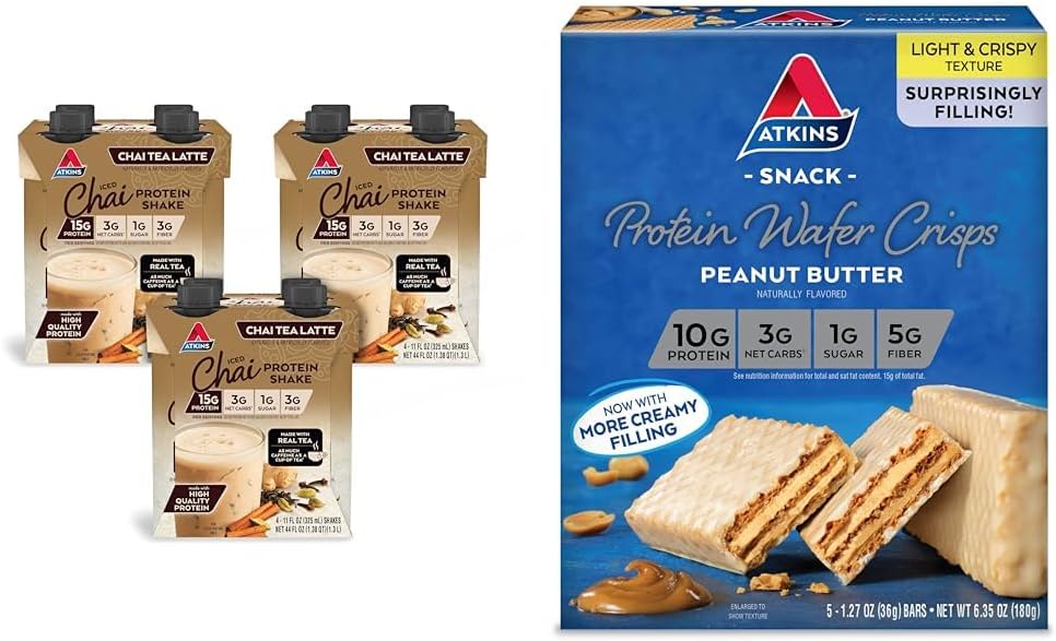 Atkins Chai Tea Latte Protein 15g proteini, 3g Net Carb, 1g Sugar + Atkins Peanut Butter Protein Wafer Crisps with 10g Protein, 4g Net Carb, 1g Sugar, 5 Count Carb, 1g Sugar, 5 Count