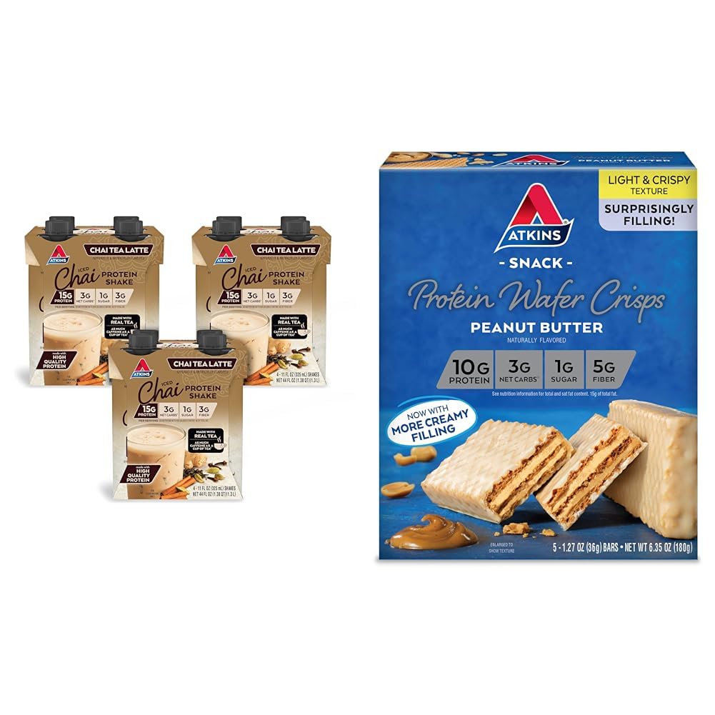 Atkins Chai Tea Latte Protein Shake with 15g Protein, 3g Net Carb, 1g Sugar + Atkins Peanut Butter Protein Wafer Crisps with 10g Protein, 4g Net Carb, 1g Sugar, 5 Count