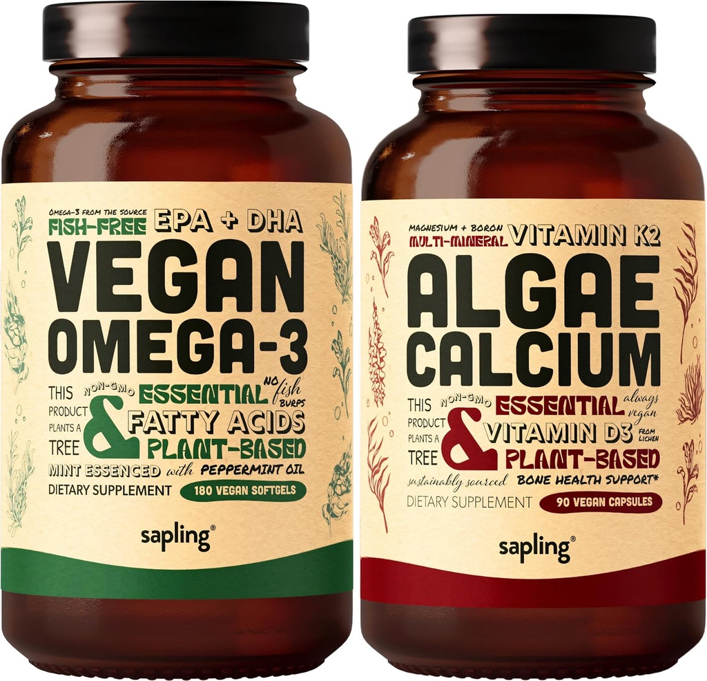Vegan Omega 3 180 Softgels & Algae Calcium Bundle - Plant Based DHA & EPA Λιπαρά Οξέα, Συμπλήρωμα ασβεστίου από τα κόκκινα φύκη με βιταμίνη K2 & D3, Μαγνήσιο, Ψευδάργυρο, Βόριο, Ορυκτό Σύμπλεγμα