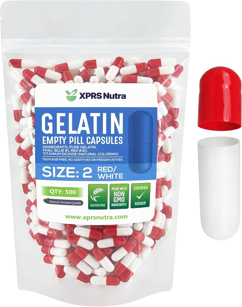 XPRS Nutra Μέγεθος 2 Κενές κάψουλες - 500 Count Empty Gelatin Κάψουλες - Χάπια DIY Καψάκιο πλήρωσης - Pure Bovine Pill Gel Caps for Do-It-Yourself Συμπληρώματα (Red/White)