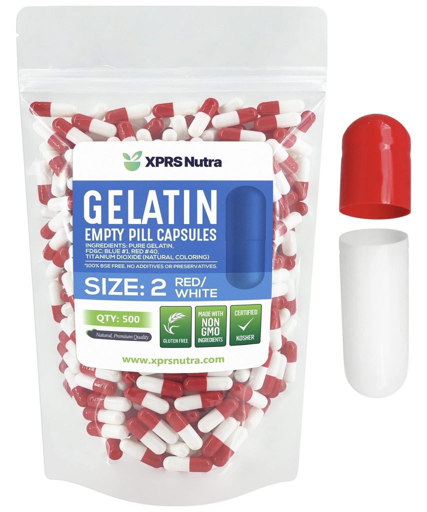XPRS Nutra Size 2 Empty Capsules - 500 Count Empty Gelatin Capsules - Pills DIY Capsule Filling - Pure Bovine Pill Gel Caps for Do-It-Yourself Supplements (Red/White)