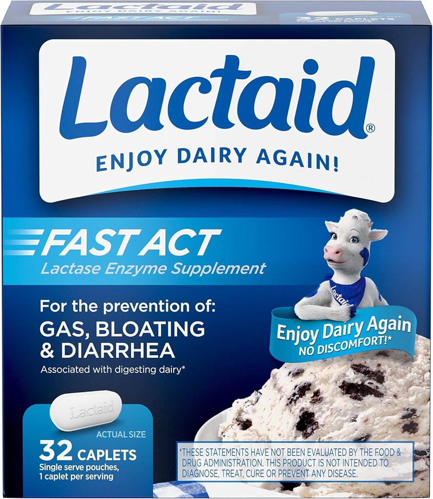 Lactaid Fast Act Lactose intolerance Relief Caplets with Lactase Enzyme, 32 Travel Packs of 1-ct.