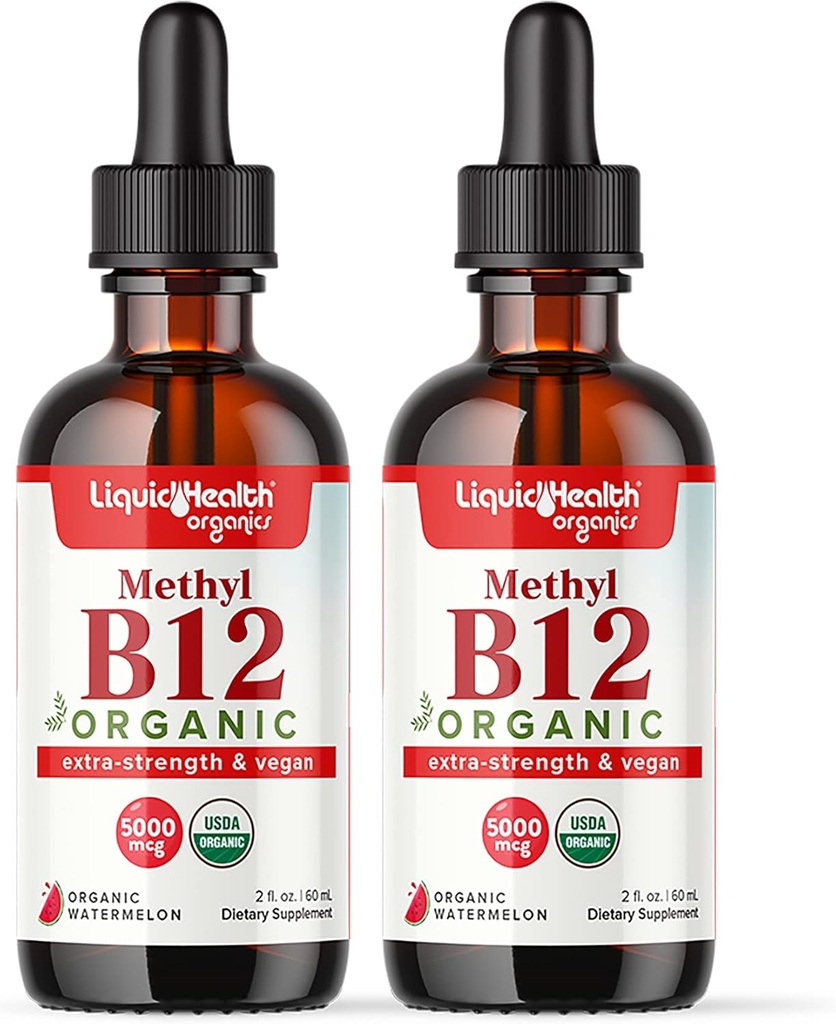 LIQUIDHEALTH USDA Organic Methyl Vitamin B12 Methylcobalamin Liquid Drops with Tart Cherry Juice - Boost Energy, Immune Support, Bελτίωση μνήμης & συγκέντρωσης - USA Made, Vegan, Non-GMO (2 Pack)