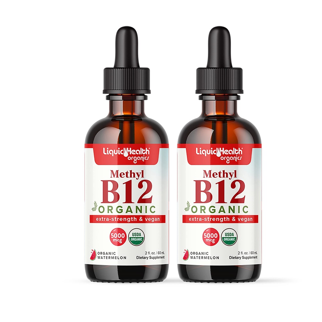 LIQUIDHEALTH USDA Organic Methyl Vitamin B12 Methylcobalamin Liquid Drops with Tart Cherry Juice - Boost Energy, Immune Support, Bελτίωση μνήμης & συγκέντρωσης - USA Made, Vegan, Non-GMO (2 Pack)