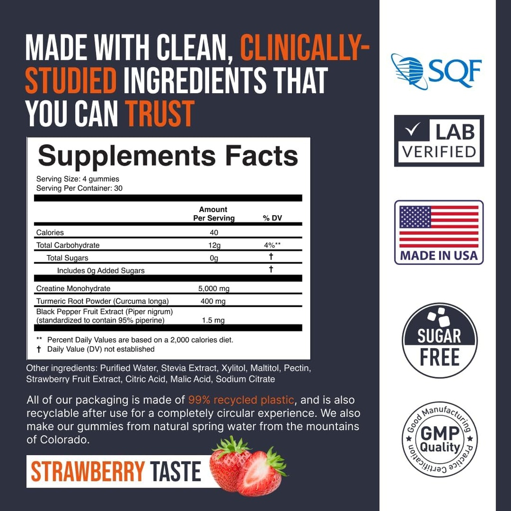 EcoWise Wellness Kretine Monohidrat Gummies 5000 mg, Men & Women, Sugar Free Gummies - 121 Count, Fresh Strawberry