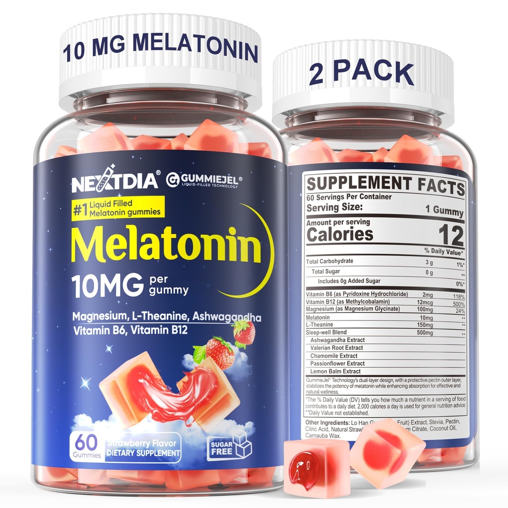 2 Συσκευασία Χωρίς ζάχαρη Μελατονίνη Gummies 10mg 20mg Μαγνήσιο Γλυκινικό Μελατονίνη για Ενήλικες, Ashwagandha, L-Θεανίνη, B6, B12, Λίπος Λεμόνι και Χαμομήλι για Βαθύ Χαλάρωμα, Αντιοξειδωτικό, Vegan,120 Ημέρα